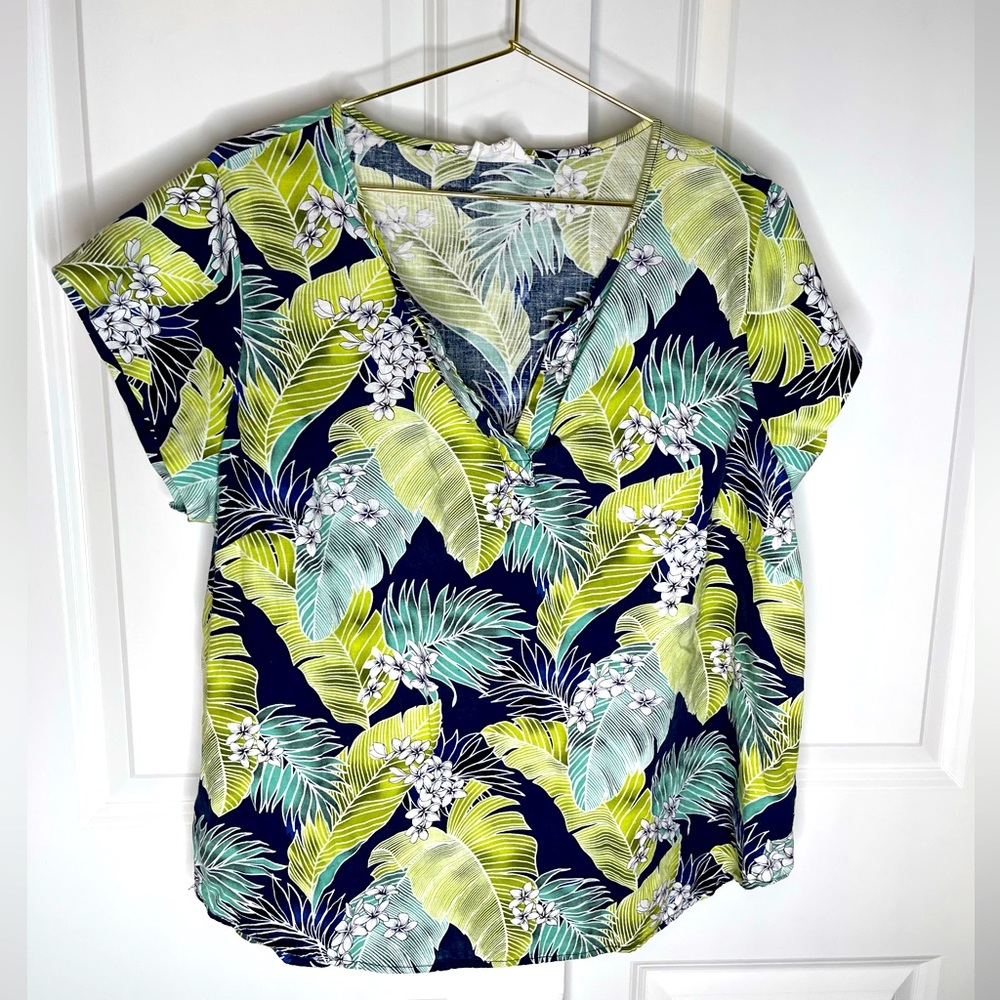 Panama Jack Short Sleeve Top Green & Blue Linen Blend Tropical Print 1X B12